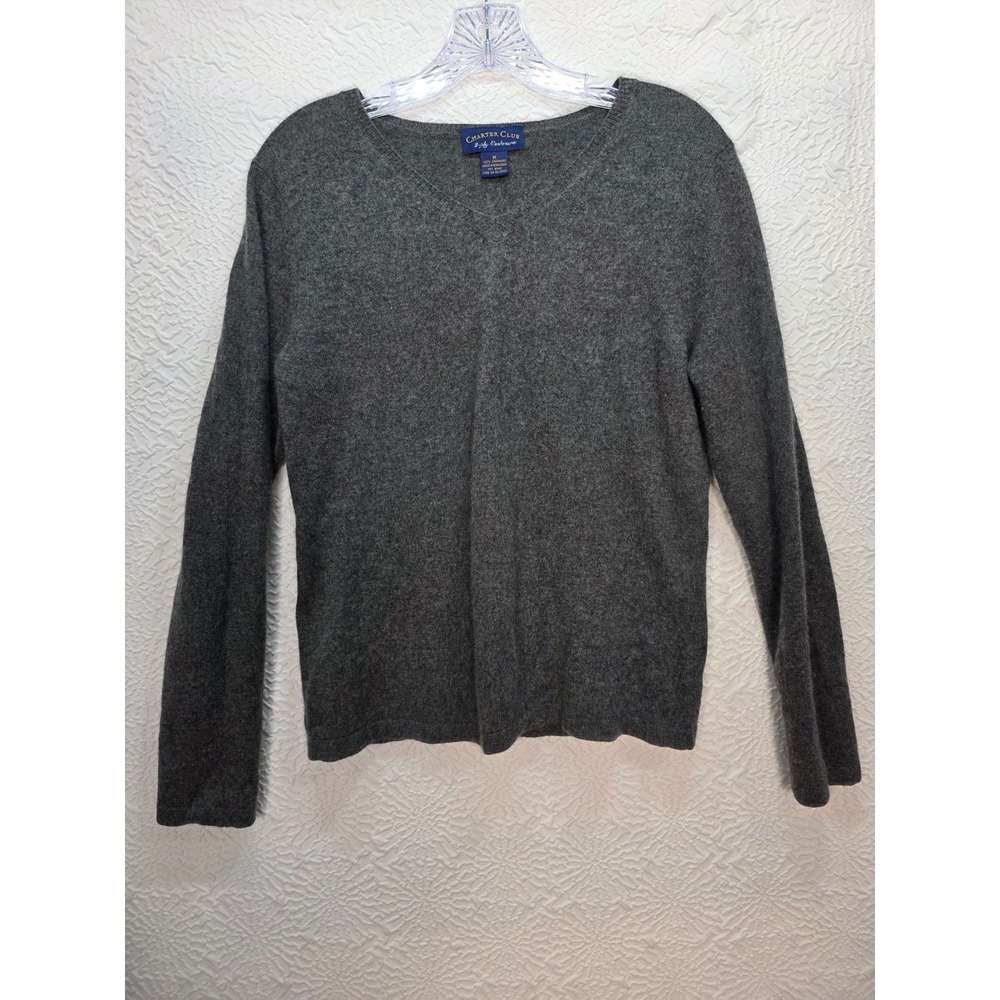 Charter Club Sweater Women Medium Gray Good 2-Ply Cashmere V-Neck Pullover